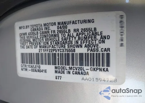 2000 Toyota Camry Solara Sle V6 z USA, uszkodzony, nr VIN 2T1FF22P5YC375558